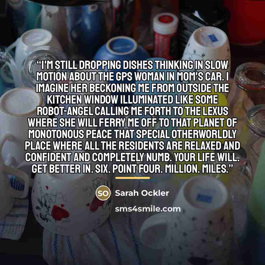 “I'm still dropping dishes thinking in slow motion about the GPS woman in Mom's car. I imagine her beckoning me from outside the kitchen window illuminated like some robot-angel calling me forth to the Lexus where she will ferry me off to that planet of monotonous peace that special otherworldly…” quote by Sarah Ockler