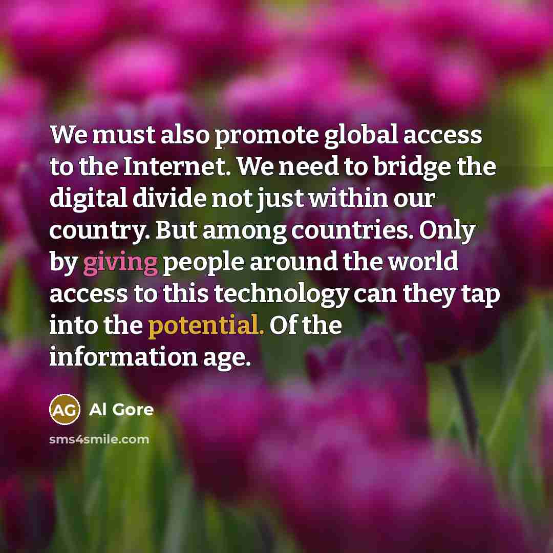 “We must also promote global access to the Internet. We need to bridge the digital divide not just within our country. But among countries. Only by giving people around the world access to this technology can they tap into the potential. Of the information age.” quote by Al Gore