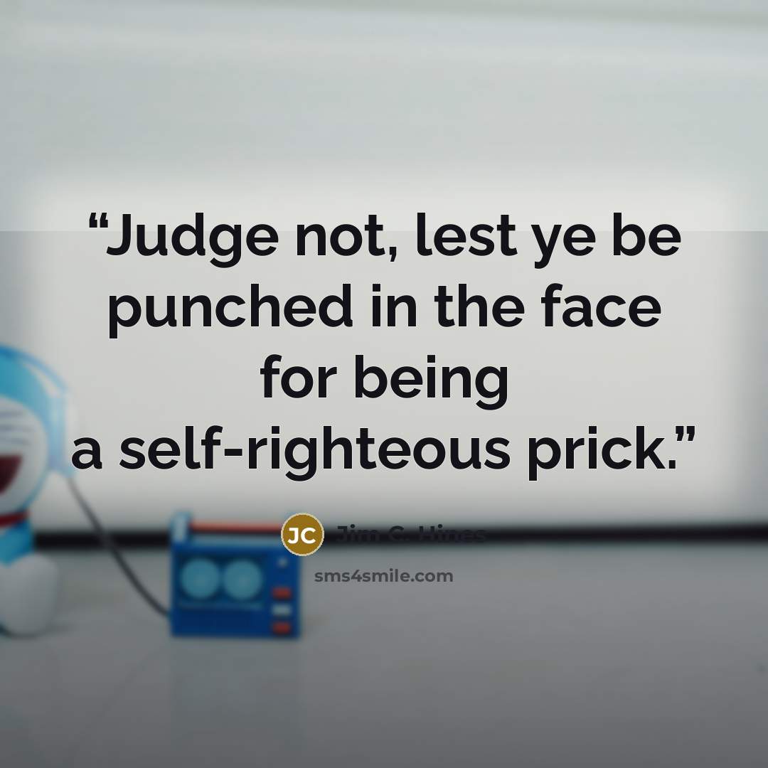 “Judge not, lest ye be punched in the face for being a self-righteous prick.” quote by Jim C. Hines