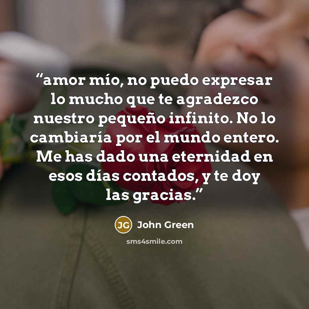 “amor mío, no puedo expresar lo mucho que te agradezco nuestro pequeño infinito. No lo cambiaría por el mundo entero. Me has dado una eternidad en esos días contados, y te doy las gracias.” quote by John Green