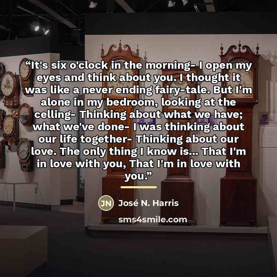 “It's six o'clock in the morning- I open my eyes and think about you. I thought it was like a never ending fairy-tale. But I'm alone in my bedroom, looking at the celling- Thinking about what we have; what we've done- I was thinking about our life together- Thinking about our love. The only thing I…” quote by José N. Harris