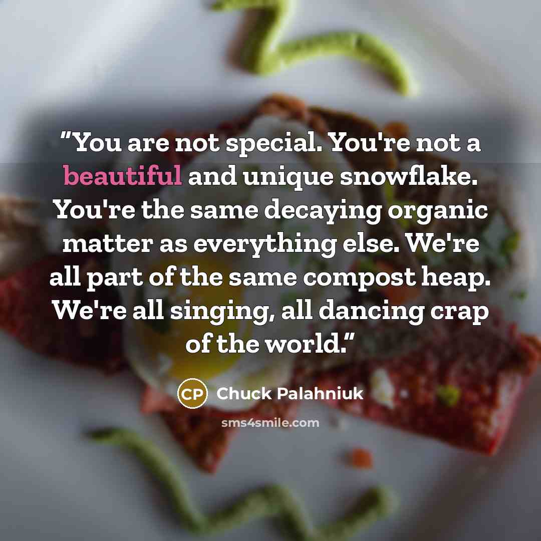 “You are not special. You're not a beautiful and unique snowflake. You're the same decaying organic matter as everything else. We're all part of the same compost heap. We're all singing, all dancing crap of the world.” quote by Chuck Palahniuk