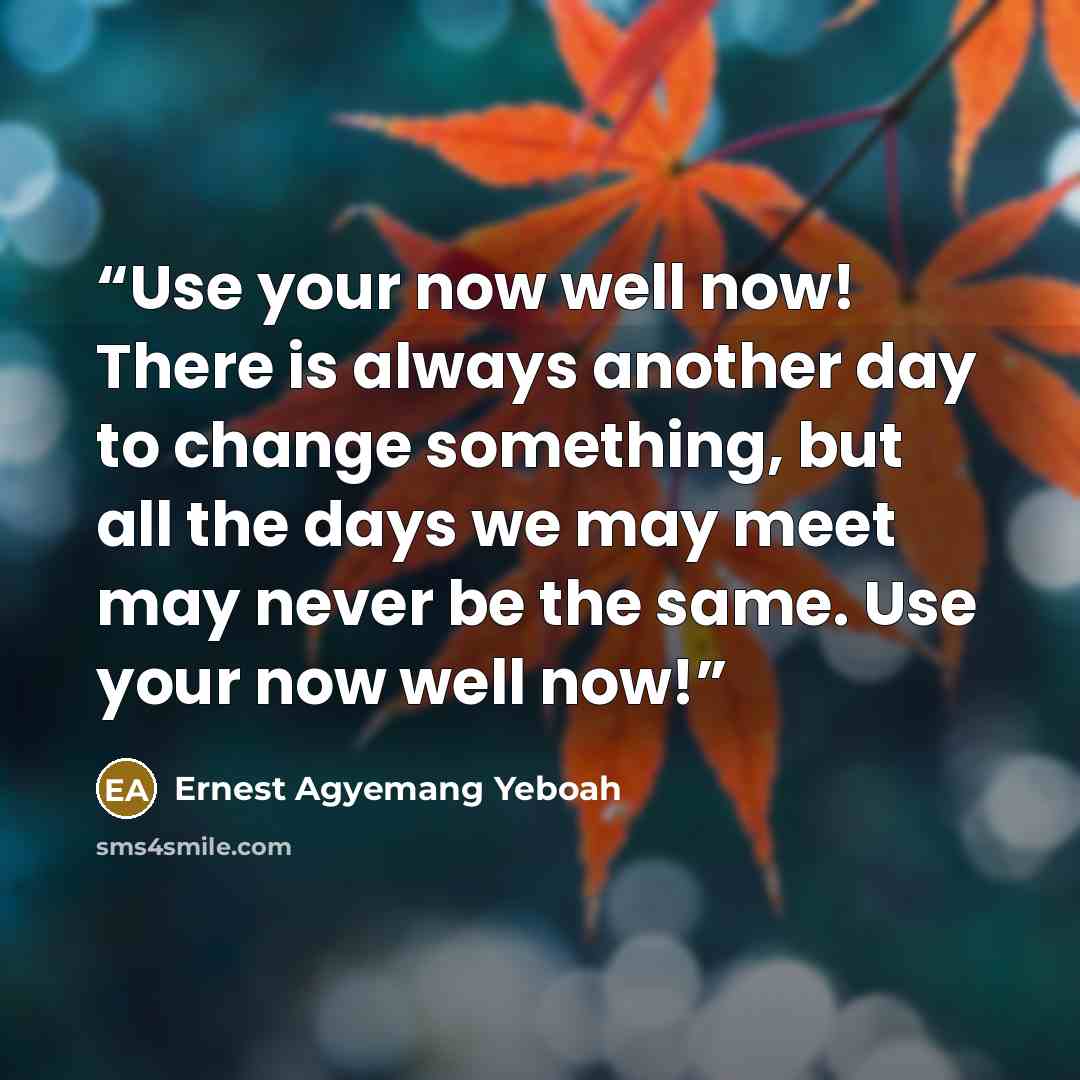 “Use your now well now! There is always another day to change something, but all the days we may meet may never be the same. Use your now well now!” quote by Ernest Agyemang Yeboah