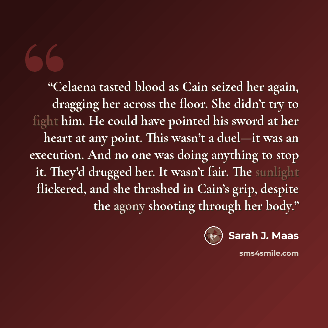 “Celaena tasted blood as Cain seized her again, dragging her across the floor. She didn’t try to fight him. He could have pointed his sword at her heart at any point. This wasn’t a duel—it was an execution. And no one was doing anything to stop it. They’d drugged her. It wasn’t fair. The sunlight…” quote by Sarah J. Maas