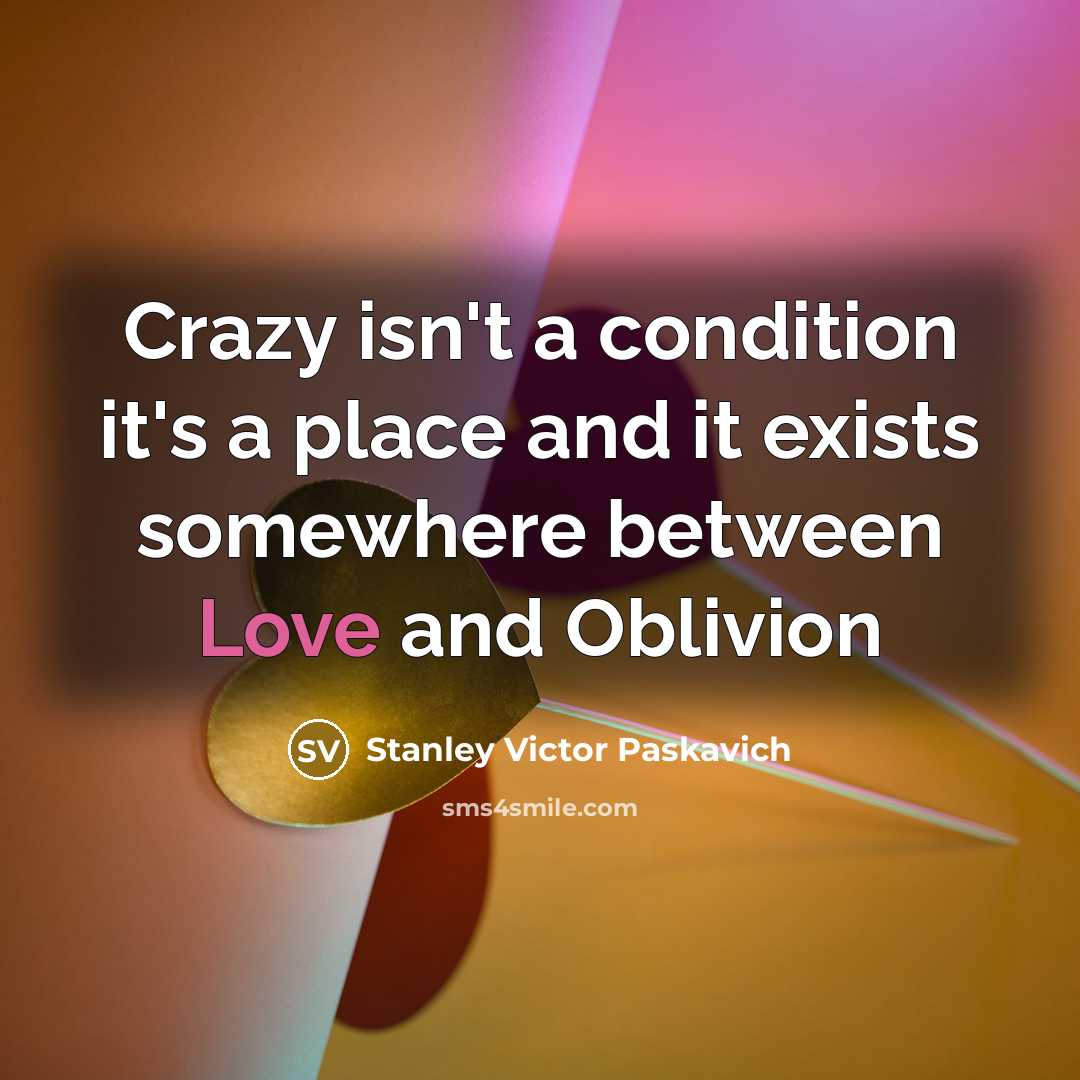 “Crazy isn't a condition it's a place and it exists somewhere between Love and Oblivion” quote by Stanley Victor Paskavich