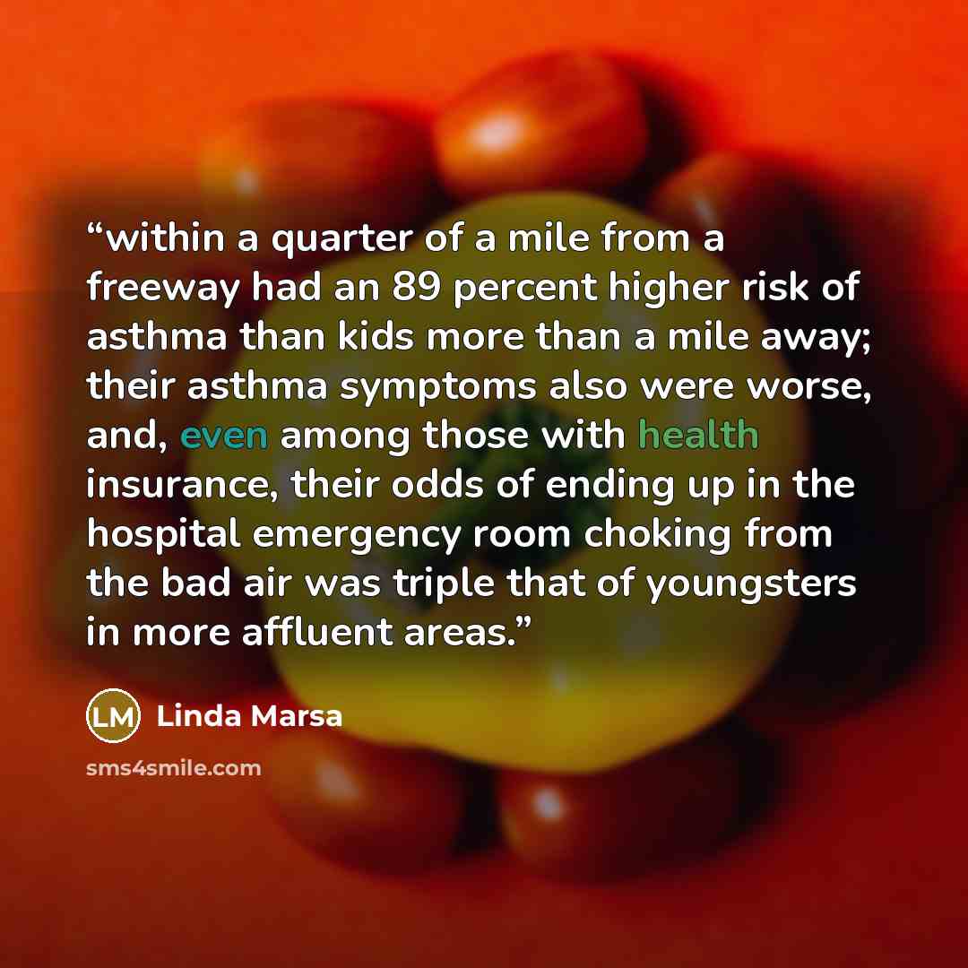“within a quarter of a mile from a freeway had an 89 percent higher risk of asthma than kids more than a mile away; their asthma symptoms also were worse, and, even among those with health insurance, their odds of ending up in the hospital emergency room choking from the bad air was triple that of…” quote by Linda Marsa