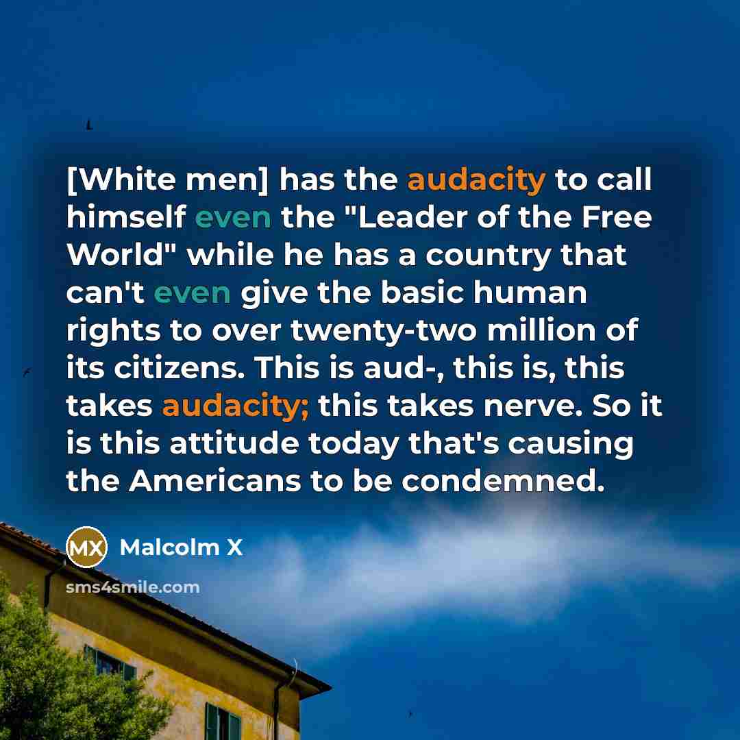 “[White men] has the audacity to call himself even the "Leader of the Free World" while he has a country that can't even give the basic human rights to over twenty-two million of its citizens. This is aud-, this is, this takes audacity; this takes nerve. So it is this attitude today that's causing…” quote by Malcolm X