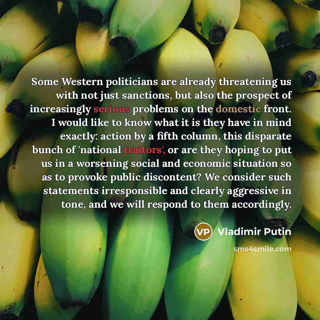 “Some Western politicians are already threatening us with not just sanctions, but also the prospect of increasingly serious problems on the domestic front. I would like to know what it is they have in mind exactly: action by a fifth column, this disparate bunch of 'national traitors', or are they…” quote by Vladimir Putin