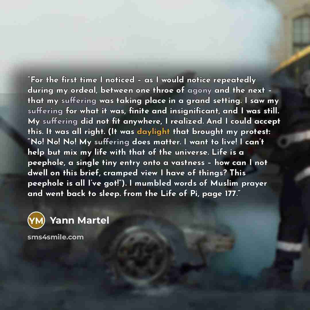“For the first time I noticed – as I would notice repeatedly during my ordeal, between one throe of agony and the next – that my suffering was taking place in a grand setting. I saw my suffering for what it was, finite and insignificant, and I was still. My suffering did not fit anywhere, I…” quote by Yann Martel