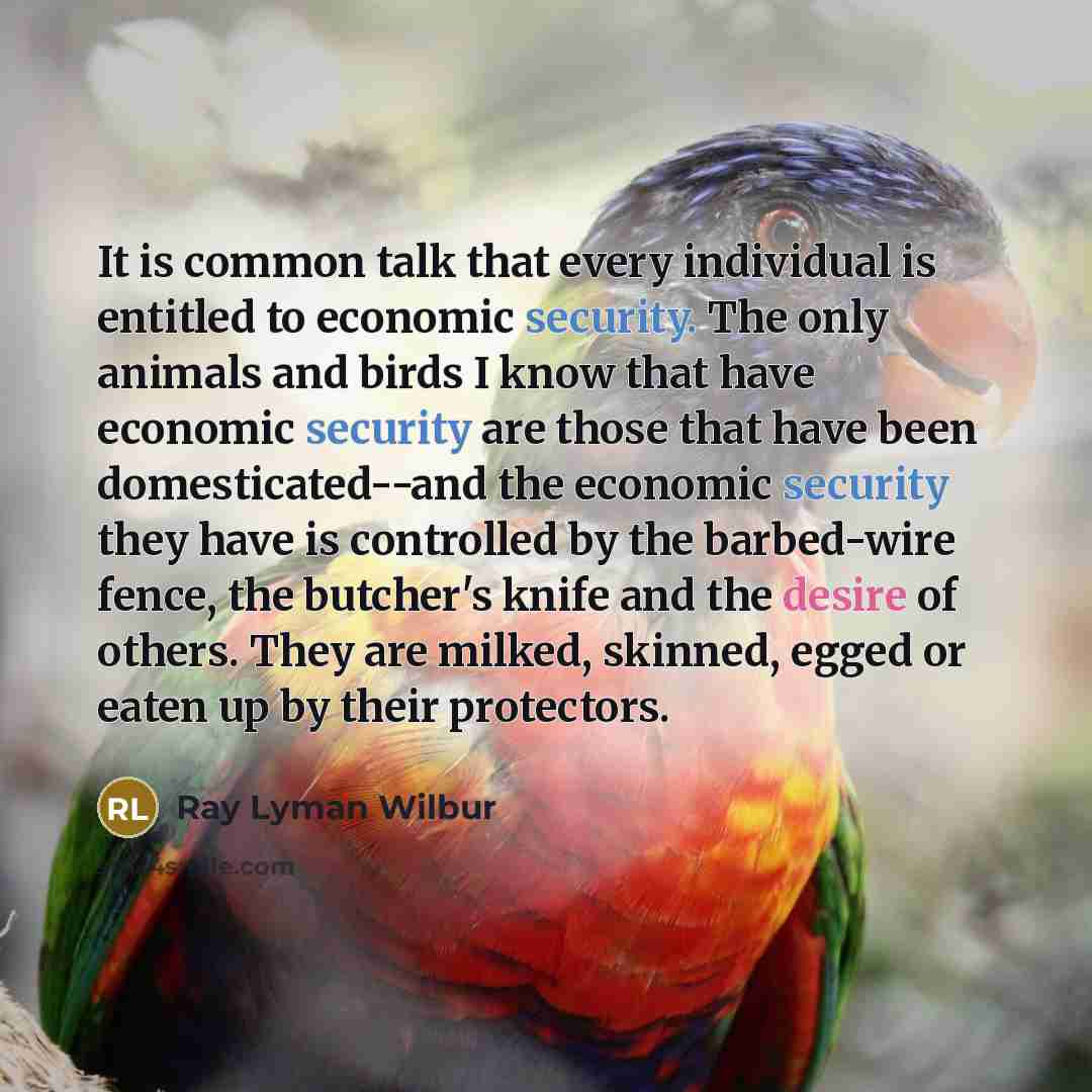 “It is common talk that every individual is entitled to economic security. The only animals and birds I know that have economic security are those that have been domesticated--and the economic security they have is controlled by the barbed-wire fence, the butcher's knife and the desire of others…” quote by Ray Lyman Wilbur
