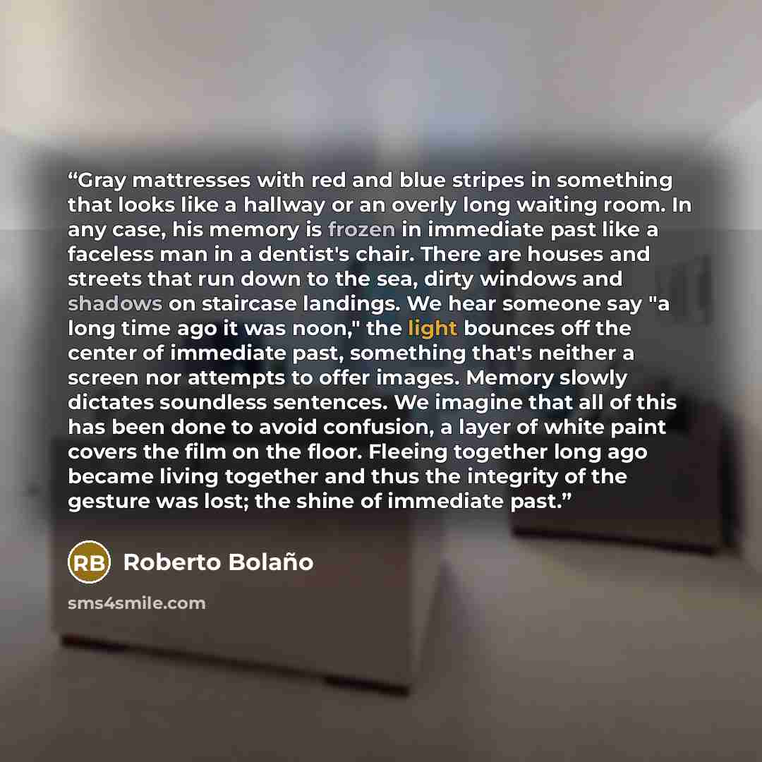“Gray mattresses with red and blue stripes in something that looks like a hallway or an overly long waiting room. In any case, his memory is frozen in immediate past like a faceless man in a dentist's chair. There are houses and streets that run down to the sea, dirty windows and shadows on…” quote by Roberto Bolaño