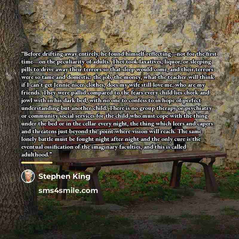 “Before drifting away entirely, he found himself reflecting---not for the first time---on the peculiarity of adults. Thet took laxatives, liquor, or sleeping pills to drive away their terrors so that sleep would come, and their terrors were so tame and domestic: the job, the money, what the teacher…” quote by Stephen King