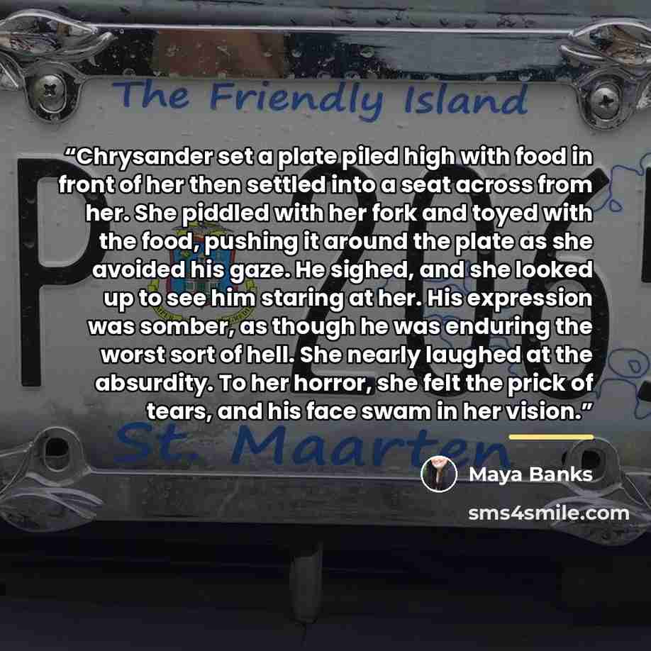 “Chrysander set a plate piled high with food in front of her then settled into a seat across from her. She piddled with her fork and toyed with the food, pushing it around the plate as she avoided his gaze. He sighed, and she looked up to see him staring at her. His expression was somber, as though…” quote by Maya Banks