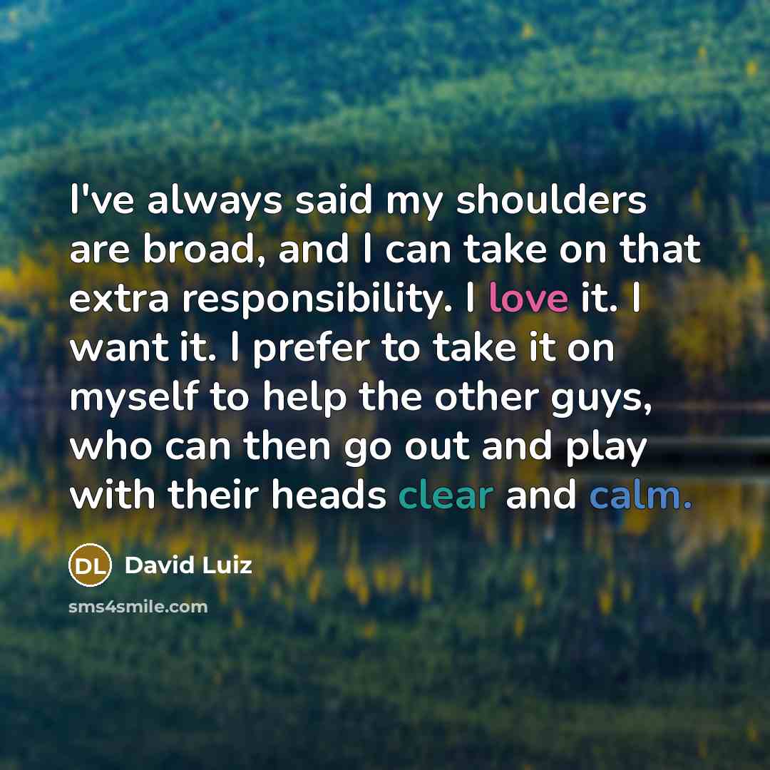 “I've always said my shoulders are broad, and I can take on that extra responsibility. I love it. I want it. I prefer to take it on myself to help the other guys, who can then go out and play with their heads clear and calm.” quote by David Luiz
