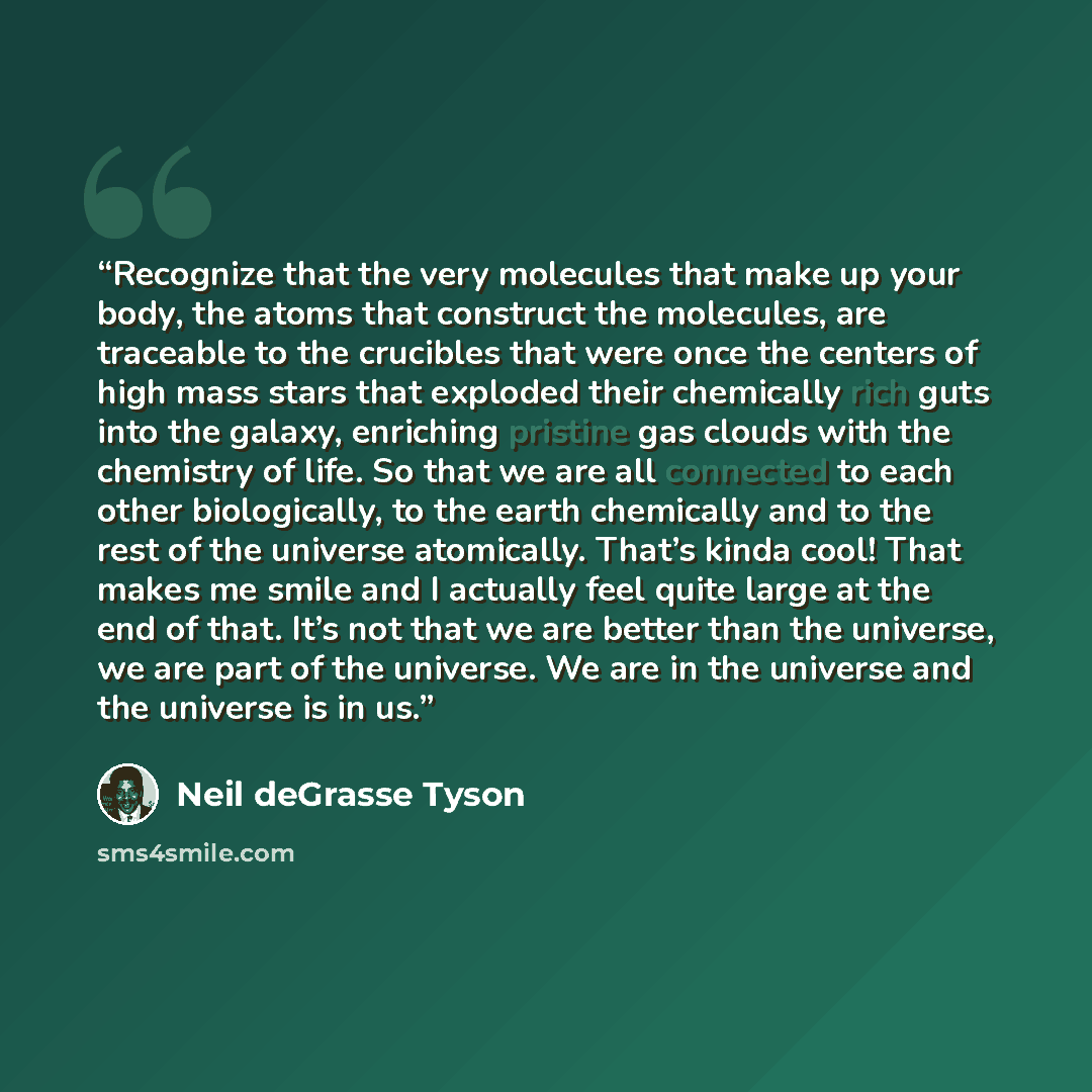“Recognize that the very molecules that make up your body, the atoms that construct the molecules, are traceable to the crucibles that were once the centers of high mass stars that exploded their chemically rich guts into the galaxy, enriching pristine gas clouds with the chemistry of life. So that…” quote by Neil deGrasse Tyson