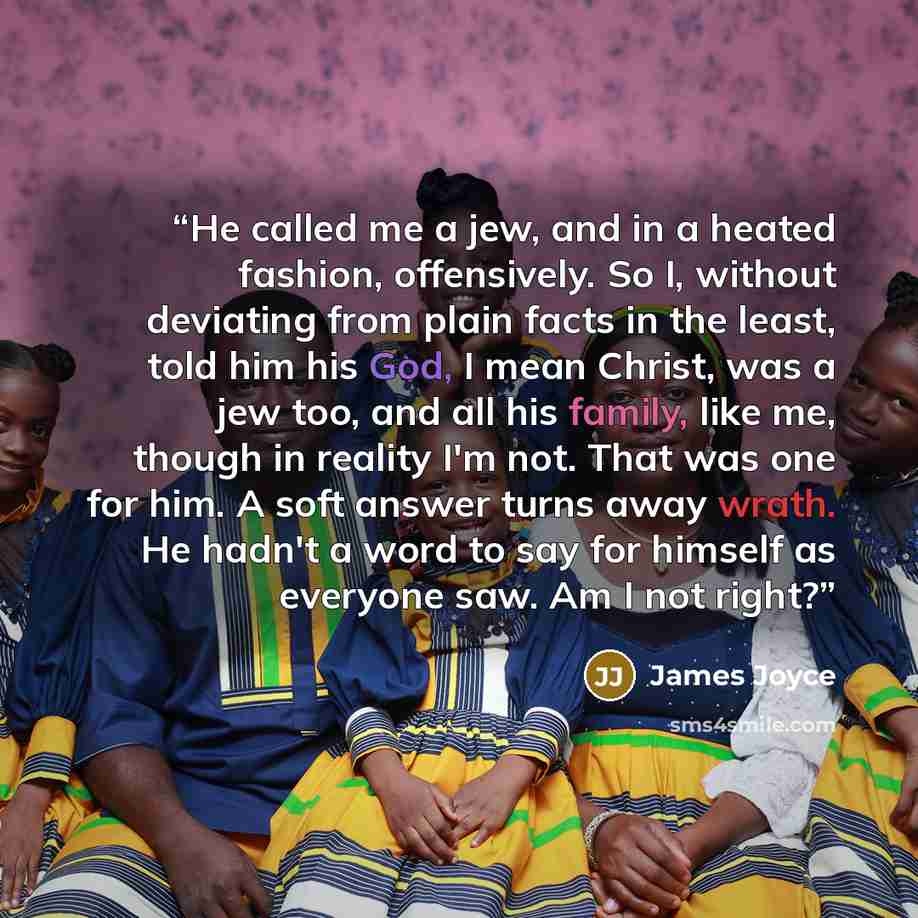 “He called me a jew, and in a heated fashion, offensively. So I, without deviating from plain facts in the least, told him his God, I mean Christ, was a jew too, and all his family, like me, though in reality I'm not. That was one for him. A soft answer turns away wrath. He hadn't a word to say for…” quote by James Joyce