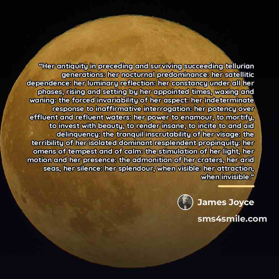“Her antiquity in preceding and surviving succeeding tellurian generations: her nocturnal predominance: her satellitic dependence: her luminary reflection: her constancy under all her phases, rising and setting by her appointed times, waxing and waning: the forced invariability of her aspect: her…” quote by James Joyce