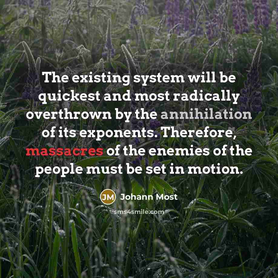 “The existing system will be quickest and most radically overthrown by the annihilation of its exponents. Therefore, massacres of the enemies of the people must be set in motion.” quote by Johann Most