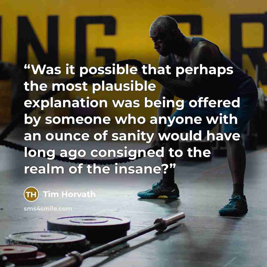 “Was it possible that perhaps the most plausible explanation was being offered by someone who anyone with an ounce of sanity would have long ago consigned to the realm of the insane?” quote by Tim Horvath