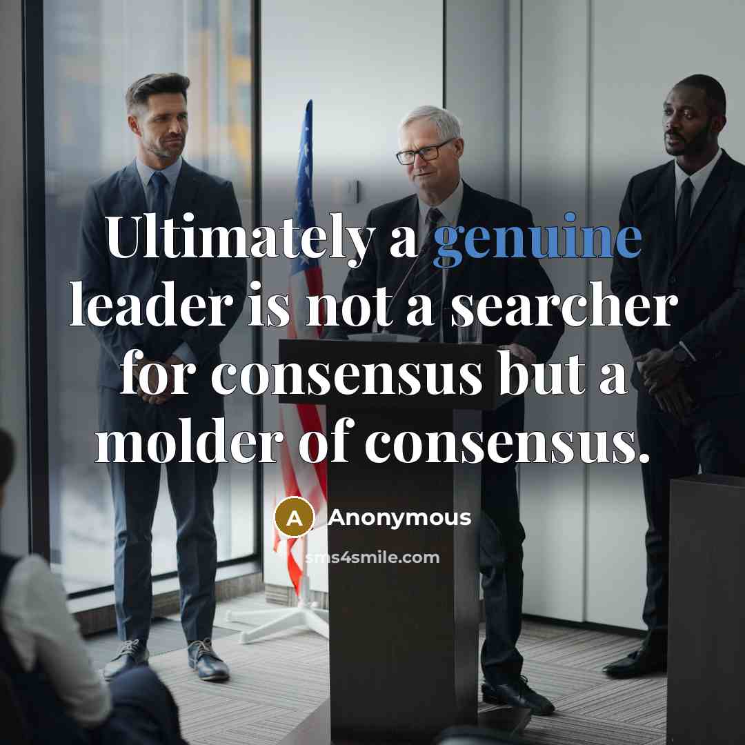 “Ultimately a genuine leader is not a searcher for consensus but a molder of consensus.” quote by Anonymous