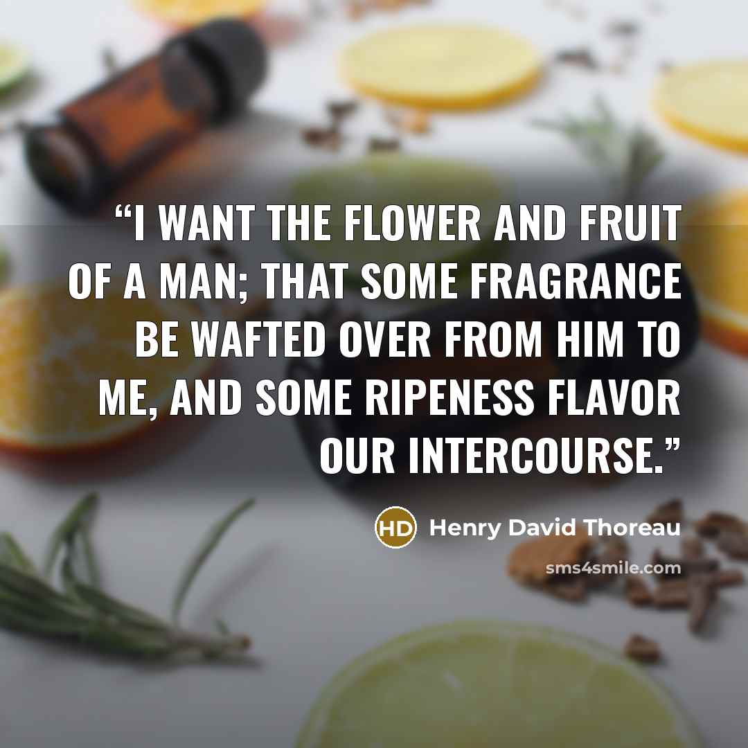 “I want the flower and fruit of a man; that some fragrance be wafted over from him to me, and some ripeness flavor our intercourse.” quote by Henry David Thoreau