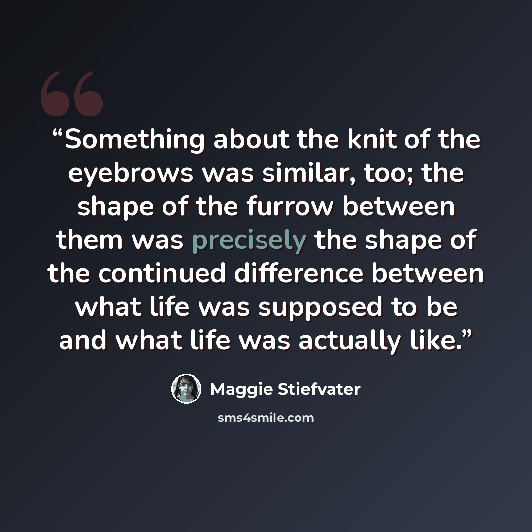 “Something about the knit of the eyebrows was similar, too; the shape of the furrow between them was precisely the shape of the continued difference between what life was supposed to be and what life was actually like.” quote by Maggie Stiefvater