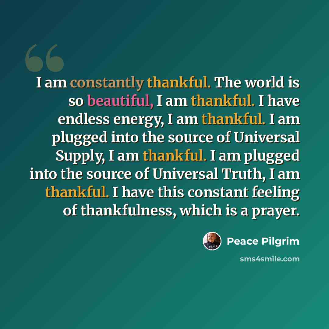 “I am constantly thankful. The world is so beautiful, I am thankful. I have endless energy, I am thankful. I am plugged into the source of Universal Supply, I am thankful. I am plugged into the source of Universal Truth, I am thankful. I have this constant feeling of thankfulness, which is a prayer.” quote by Peace Pilgrim