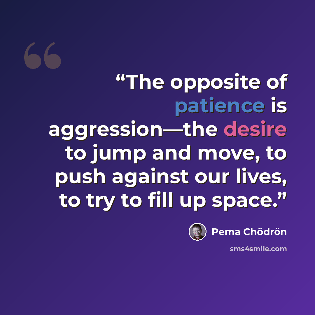 “The opposite of patience is aggression—the desire to jump and move, to push against our lives, to try to fill up space.” quote by Pema Chödrön