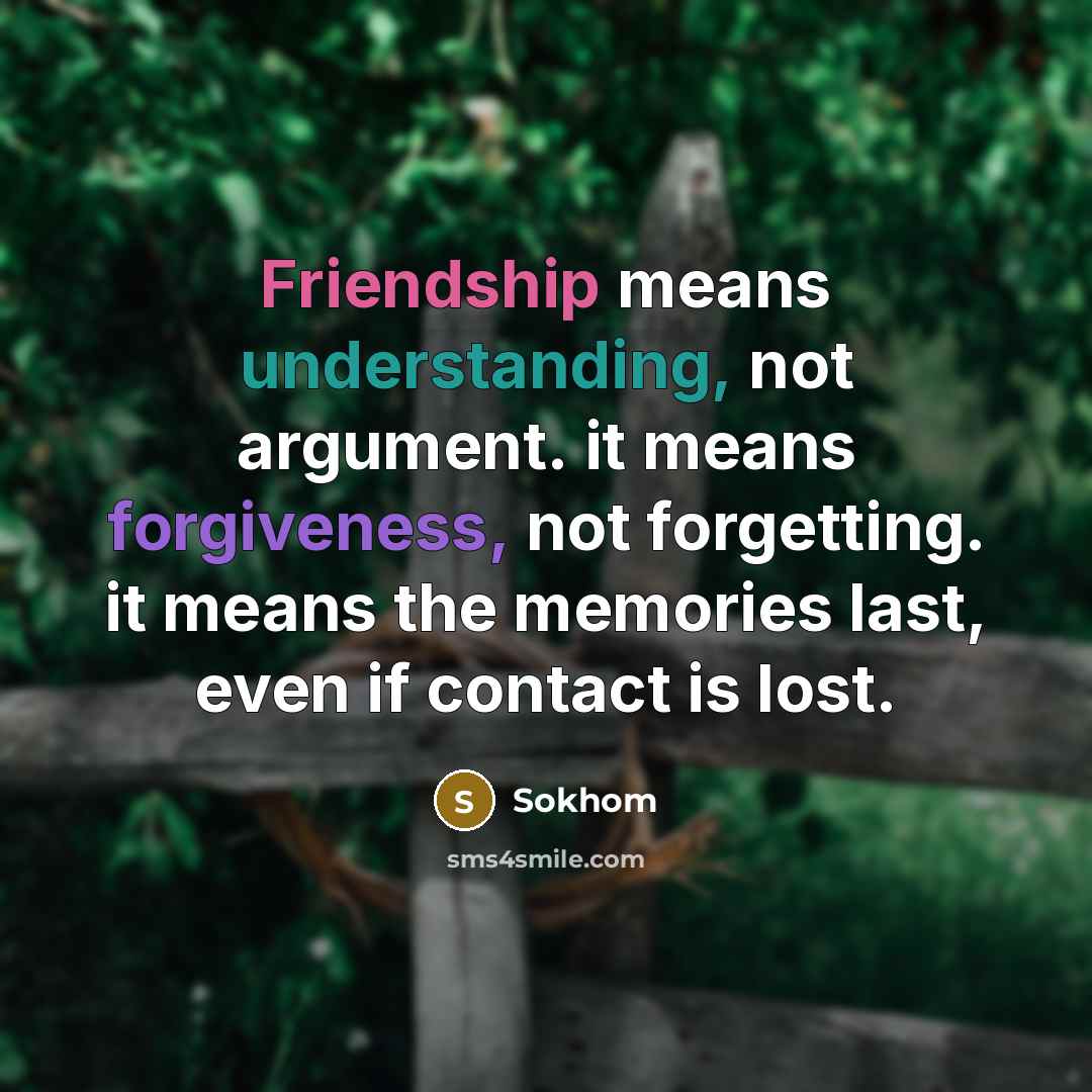 “Friendship means understanding, not argument. it means forgiveness, not forgetting. it means the memories last, even if contact is lost.” quote by Sokhom