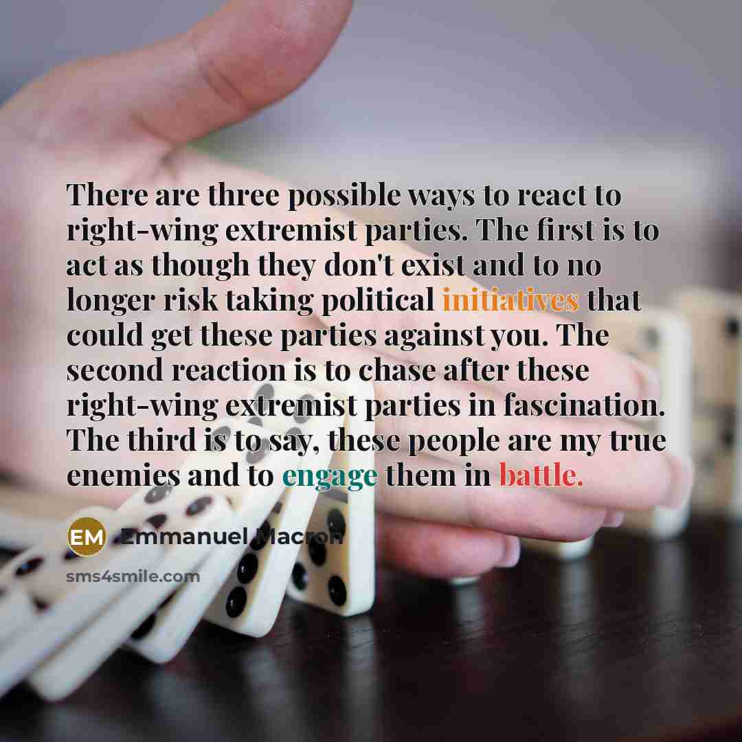 “There are three possible ways to react to right-wing extremist parties. The first is to act as though they don't exist and to no longer risk taking political initiatives that could get these parties against you. The second reaction is to chase after these right-wing extremist parties in…” quote by Emmanuel Macron