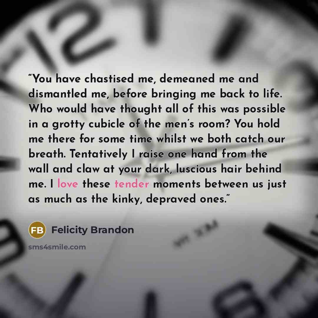 “You have chastised me, demeaned me and dismantled me, before bringing me back to life. Who would have thought all of this was possible in a grotty cubicle of the men’s room? You hold me there for some time whilst we both catch our breath. Tentatively I raise one hand from the wall and claw at your…” quote by Felicity Brandon