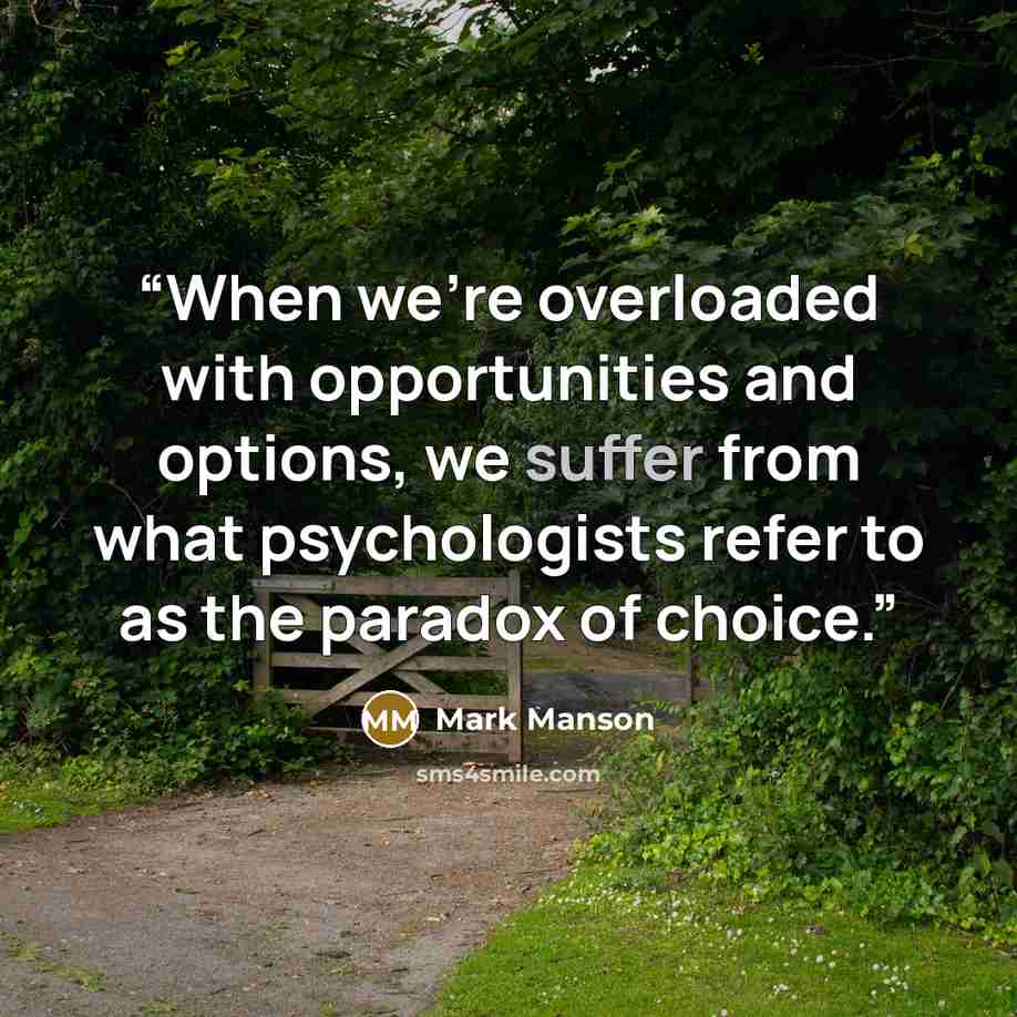 “When we’re overloaded with opportunities and options, we suffer from what psychologists refer to as the paradox of choice.” quote by Mark Manson