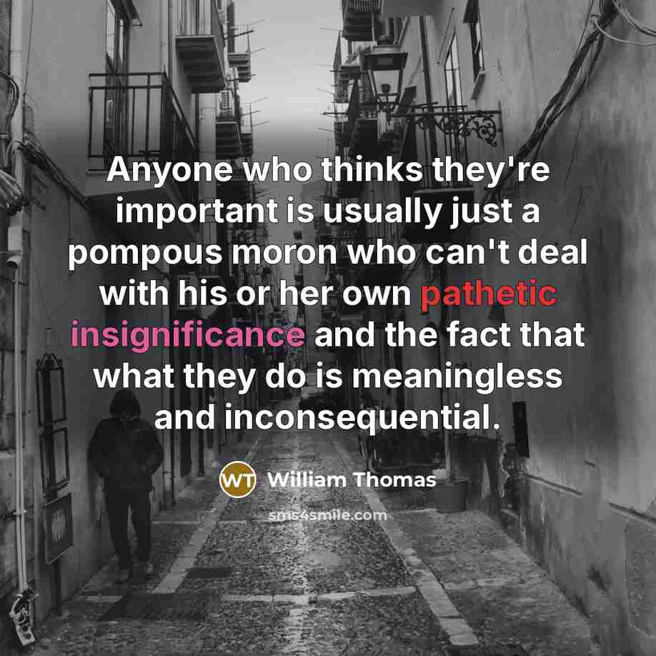 “Anyone who thinks they're important is usually just a pompous moron who can't deal with his or her own pathetic insignificance and the fact that what they do is meaningless and inconsequential.” quote by William Thomas