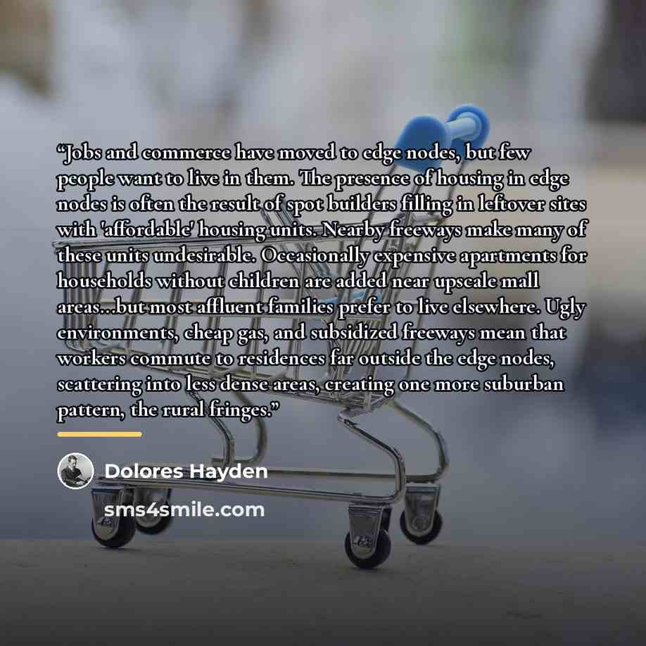 “Jobs and commerce have moved to edge nodes, but few people want to live in them. The presence of housing in edge nodes is often the result of spot builders filling in leftover sites with 'affordable' housing units. Nearby freeways make many of these units undesirable. Occasionally expensive…” quote by Dolores Hayden