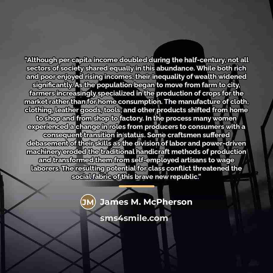 “Although per capita income doubled during the half-century, not all sectors of society shared equally in this abundance. While both rich and poor enjoyed rising incomes, their inequality of wealth widened significantly. As the population began to move from farm to city, farmers increasingly…” quote by James M. McPherson