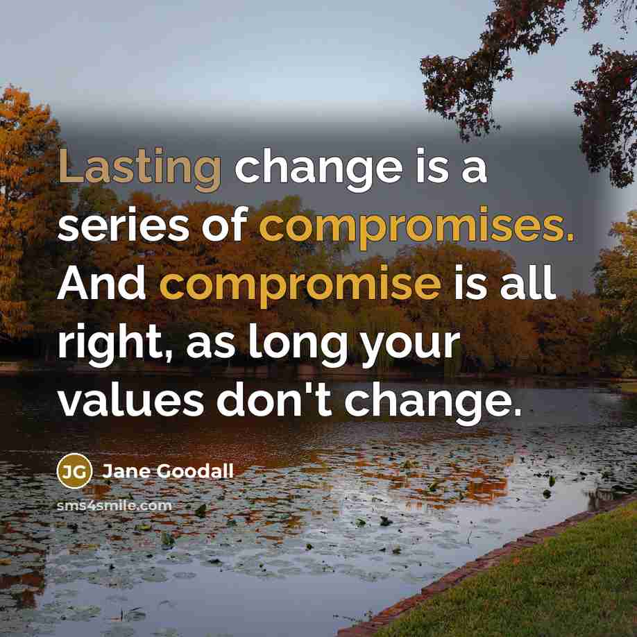 “Lasting change is a series of compromises. And compromise is all right, as long your values don't change.” quote by Jane Goodall