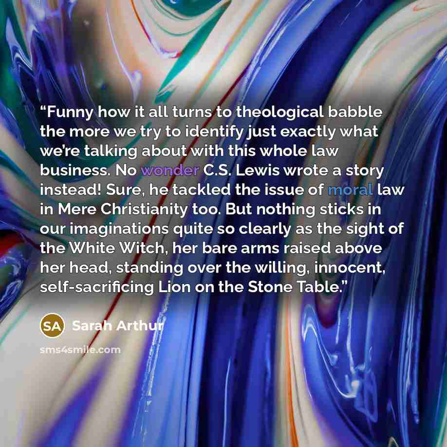 “Funny how it all turns to theological babble the more we try to identify just exactly what we’re talking about with this whole law business. No wonder C.S. Lewis wrote a story instead! Sure, he tackled the issue of moral law in Mere Christianity too. But nothing sticks in our imaginations quite so…” quote by Sarah Arthur
