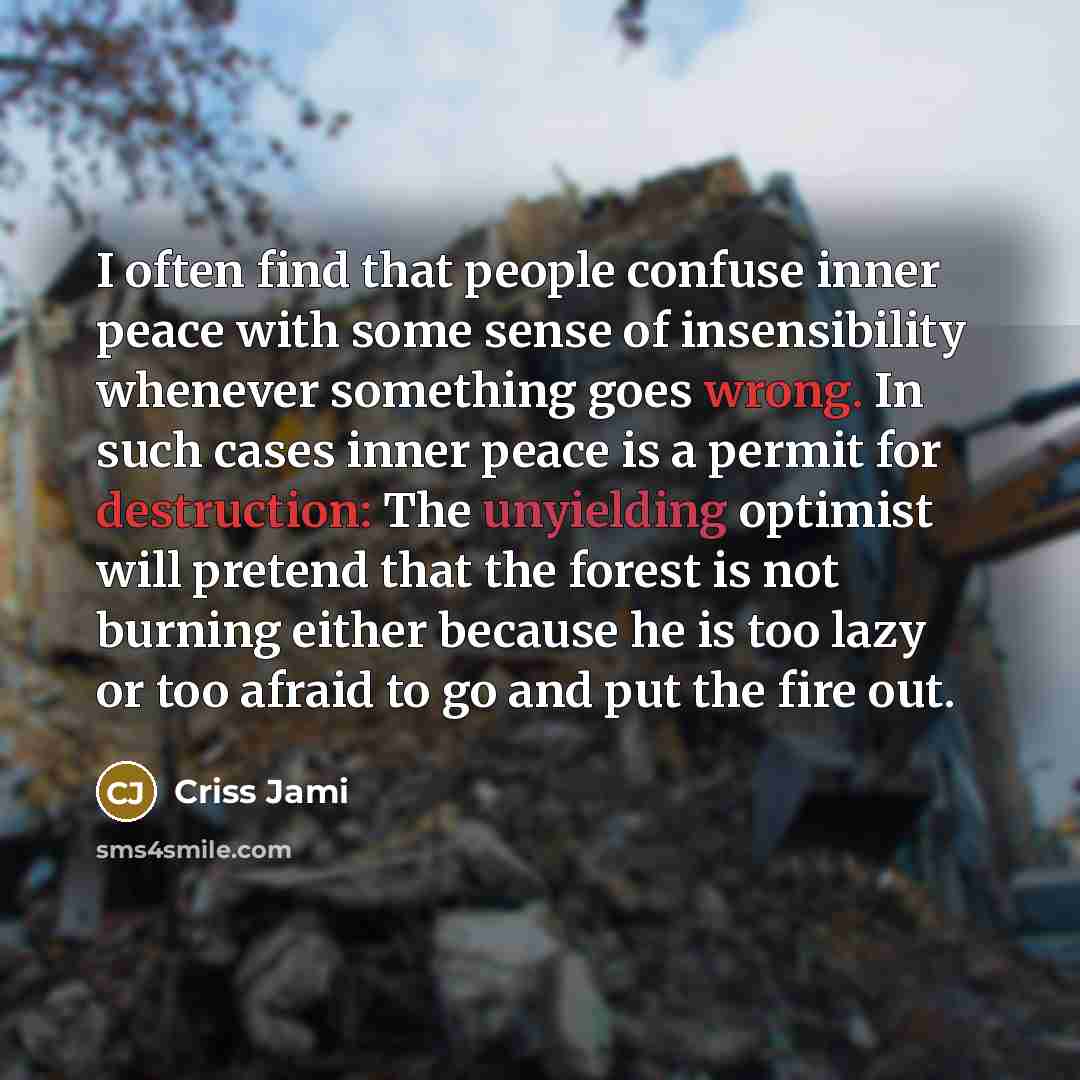 “I often find that people confuse inner peace with some sense of insensibility whenever something goes wrong. In such cases inner peace is a permit for destruction: The unyielding optimist will pretend that the forest is not burning either because he is too lazy or too afraid to go and put the fire…” quote by Criss Jami