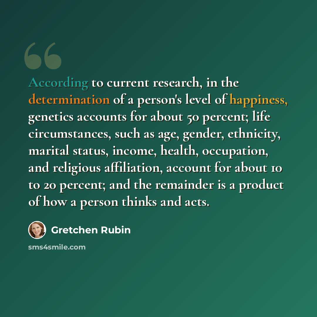 “According to current research, in the determination of a person's level of happiness, genetics accounts for about 50 percent; life circumstances, such as age, gender, ethnicity, marital status, income, health, occupation, and religious affiliation, account for about 10 to 20 percent; and the…” quote by Gretchen Rubin