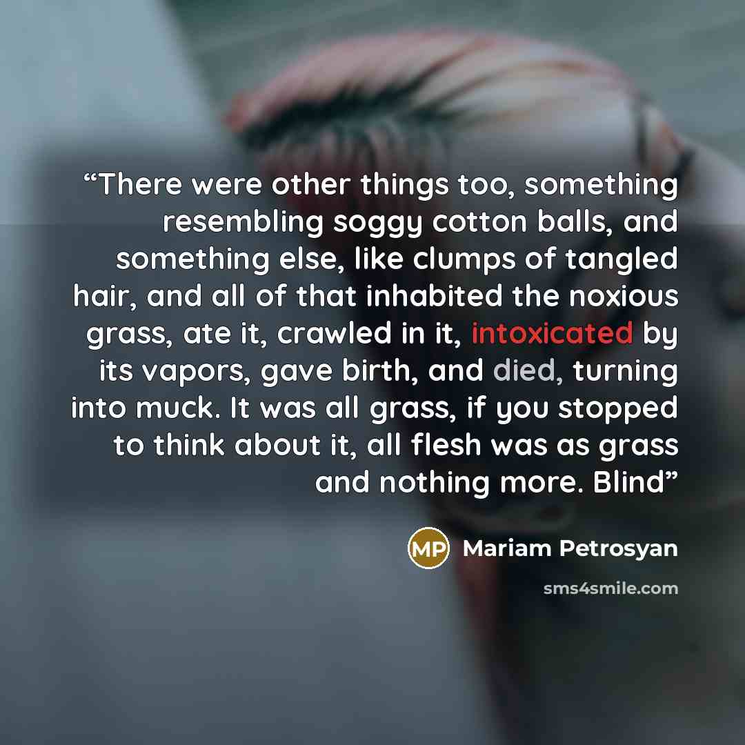 “There were other things too, something resembling soggy cotton balls, and something else, like clumps of tangled hair, and all of that inhabited the noxious grass, ate it, crawled in it, intoxicated by its vapors, gave birth, and died, turning into muck. It was all grass, if you stopped to think…” quote by Mariam Petrosyan
