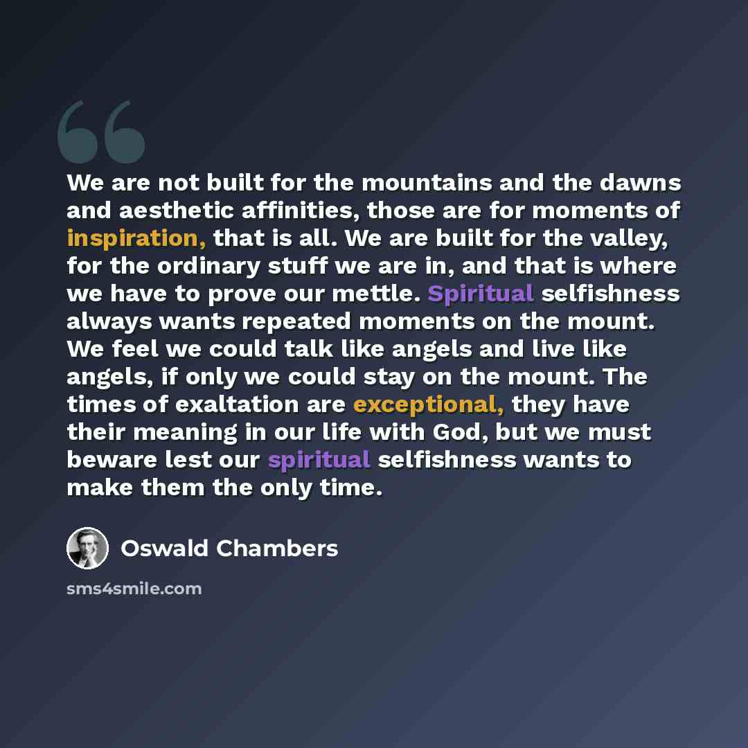 “We are not built for the mountains and the dawns and aesthetic affinities, those are for moments of inspiration, that is all. We are built for the valley, for the ordinary stuff we are in, and that is where we have to prove our mettle. Spiritual selfishness always wants repeated moments on the…” quote by Oswald Chambers