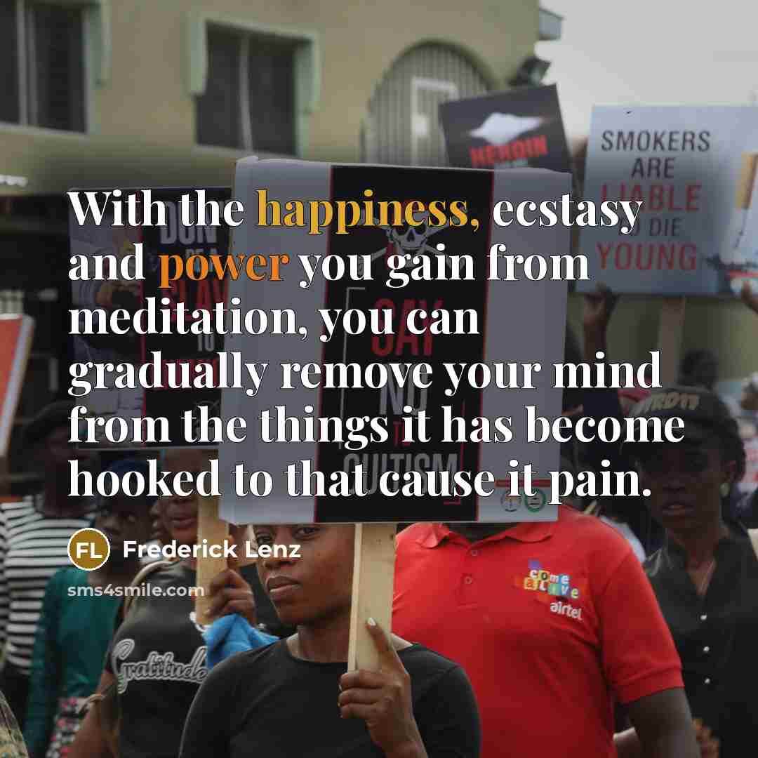 “With the happiness, ecstasy and power you gain from meditation, you can gradually remove your mind from the things it has become hooked to that cause it pain.” quote by Frederick Lenz