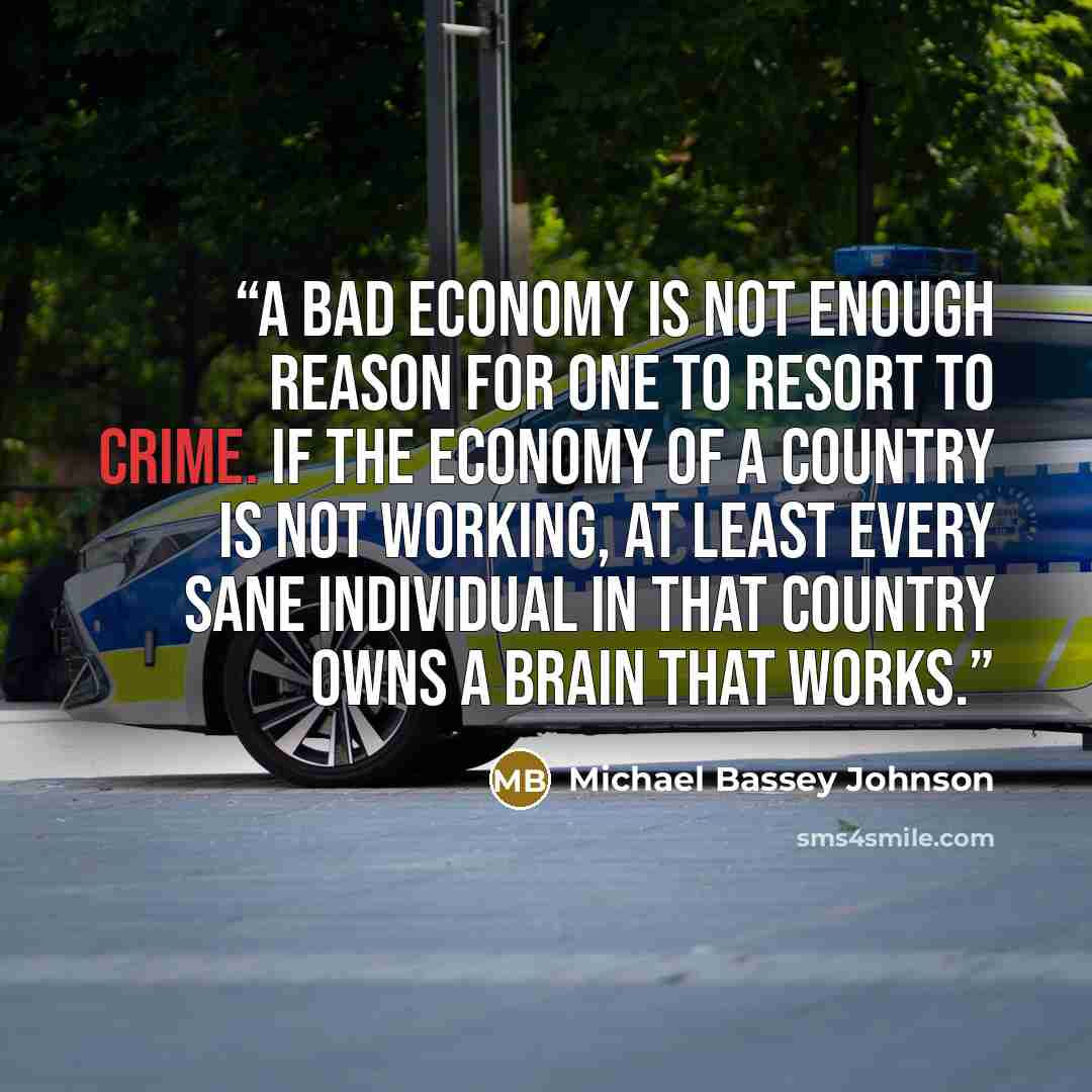 “A bad economy is not enough reason for one to resort to crime. If the economy of a country is not working, at least every sane individual in that country owns a brain that works.” quote by Michael Bassey Johnson