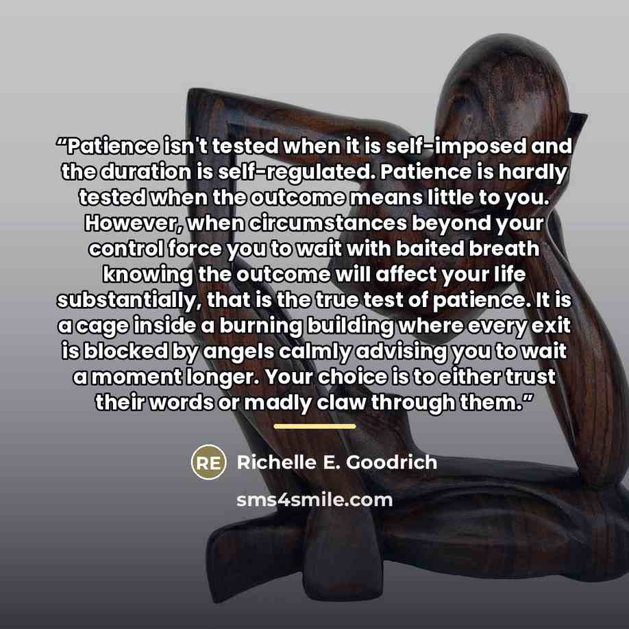 “Patience isn't tested when it is self-imposed and the duration is self-regulated. Patience is hardly tested when the outcome means little to you. However, when circumstances beyond your control force you to wait with baited breath knowing the outcome will affect your life substantially, that is…” quote by Richelle E. Goodrich