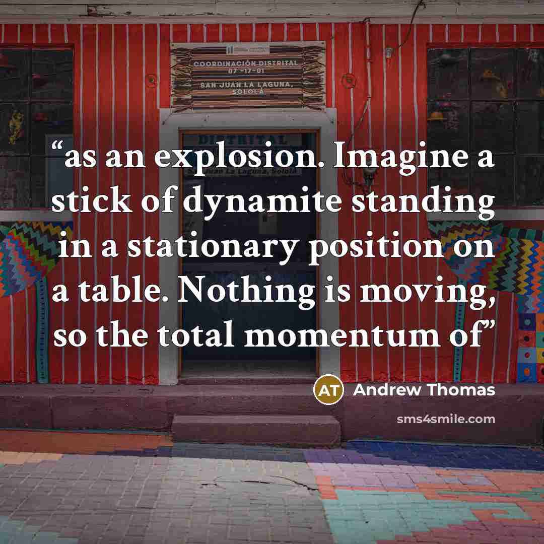 “as an explosion. Imagine a stick of dynamite standing in a stationary position on a table. Nothing is moving, so the total momentum of” quote by Andrew Thomas