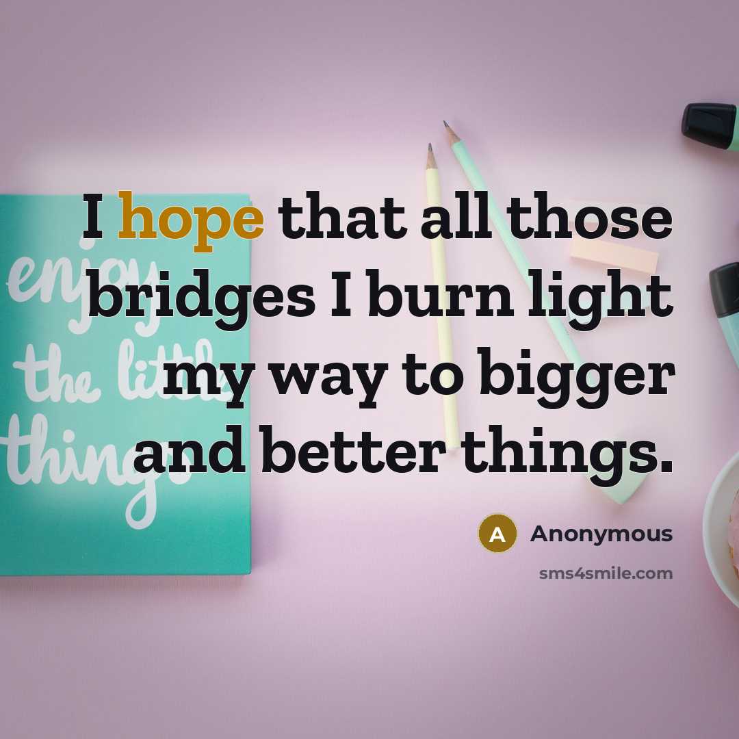 “I hope that all those bridges I burn light my way to bigger and better things.” quote by Anonymous