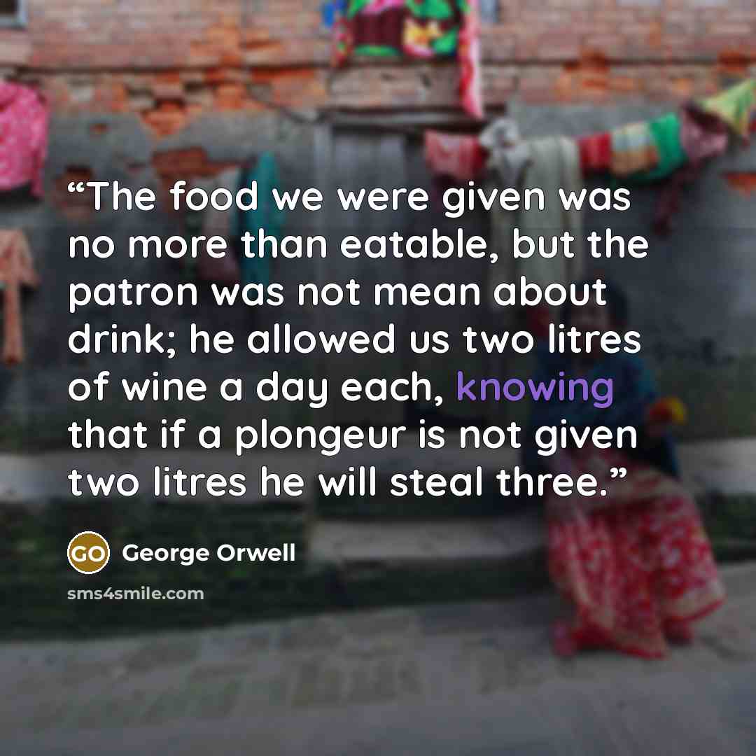“The food we were given was no more than eatable, but the patron was not mean about drink; he allowed us two litres of wine a day each, knowing that if a plongeur is not given two litres he will steal three.” quote by George Orwell