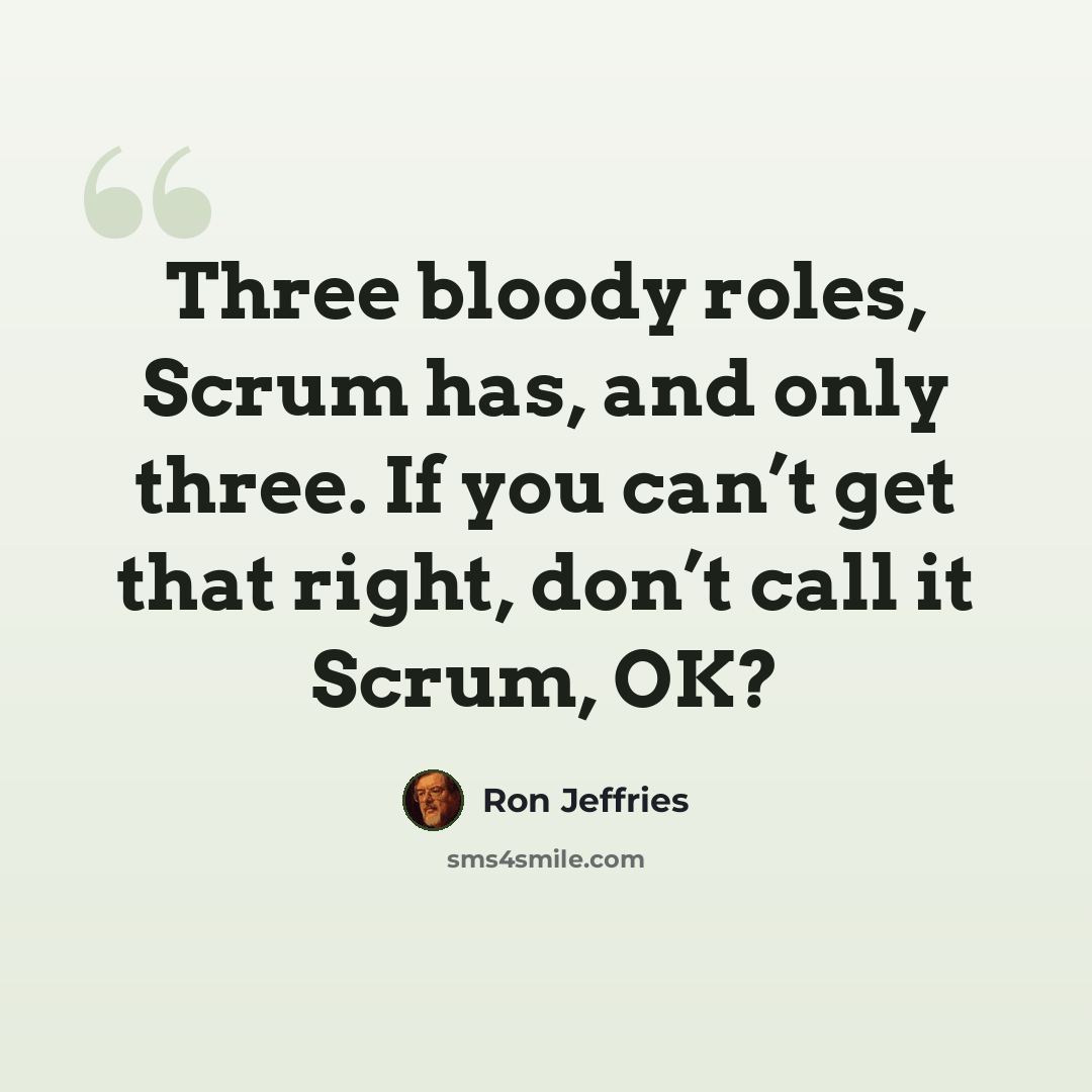 “Three bloody roles, Scrum has, and only three. If you can’t get that right, don’t call it Scrum, OK?” quote by Ron Jeffries