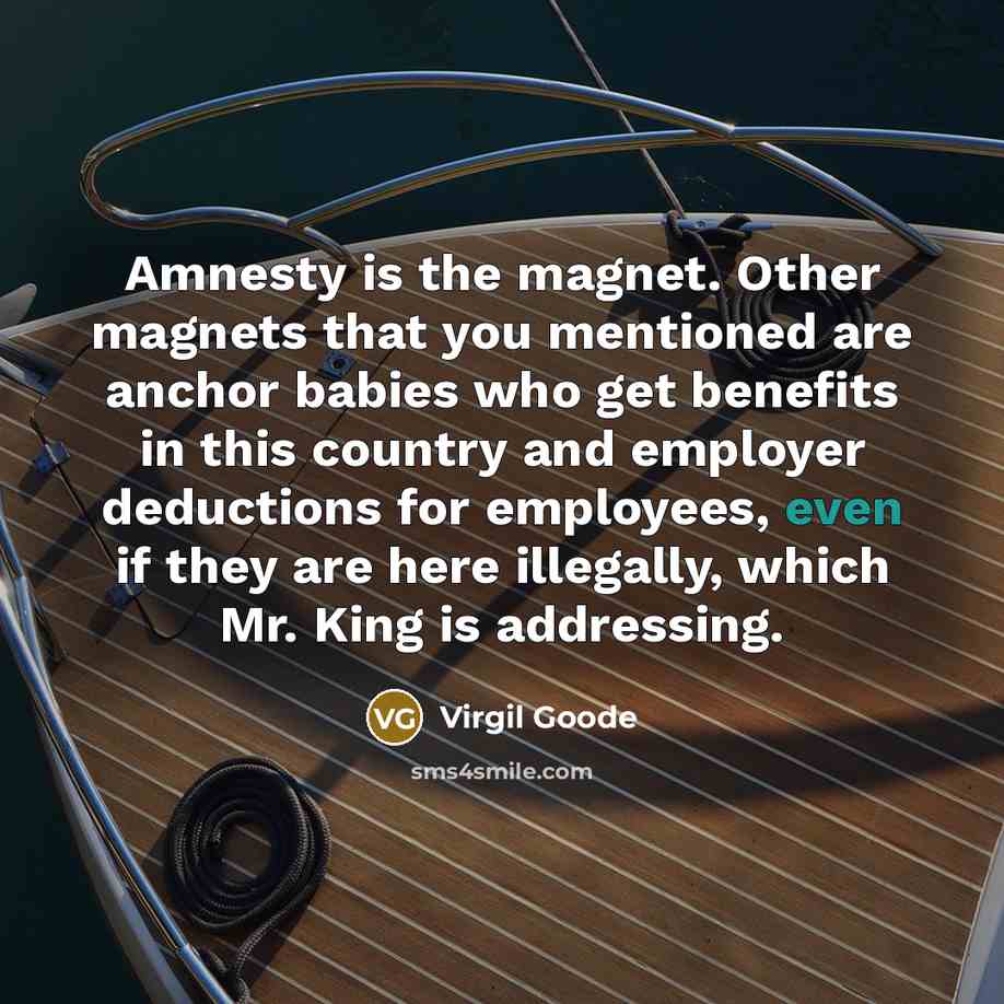 “Amnesty is the magnet. Other magnets that you mentioned are anchor babies who get benefits in this country and employer deductions for employees, even if they are here illegally, which Mr. King is addressing.” quote by Virgil Goode