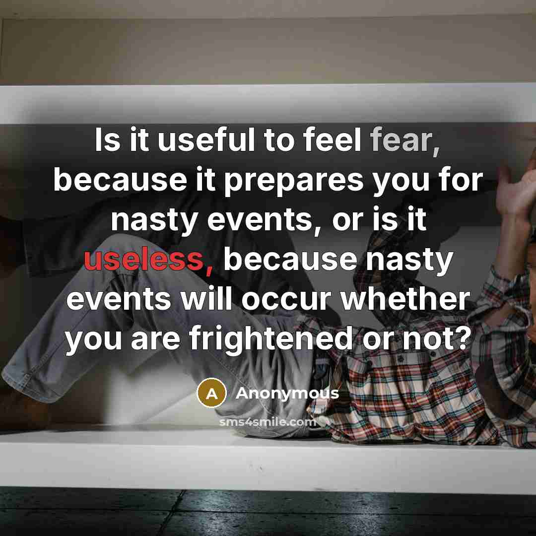 “Is it useful to feel fear, because it prepares you for nasty events, or is it useless, because nasty events will occur whether you are frightened or not?” quote by Anonymous